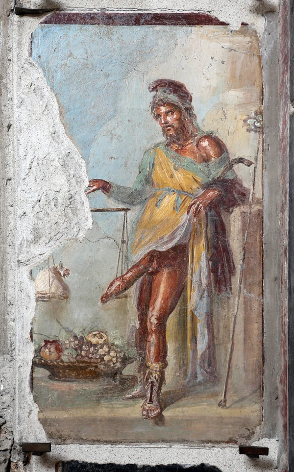 Fresque de l'antique Pompéi représentant le dieu Priape pesant son phallus démesuré sur une balance face à un sac d'or