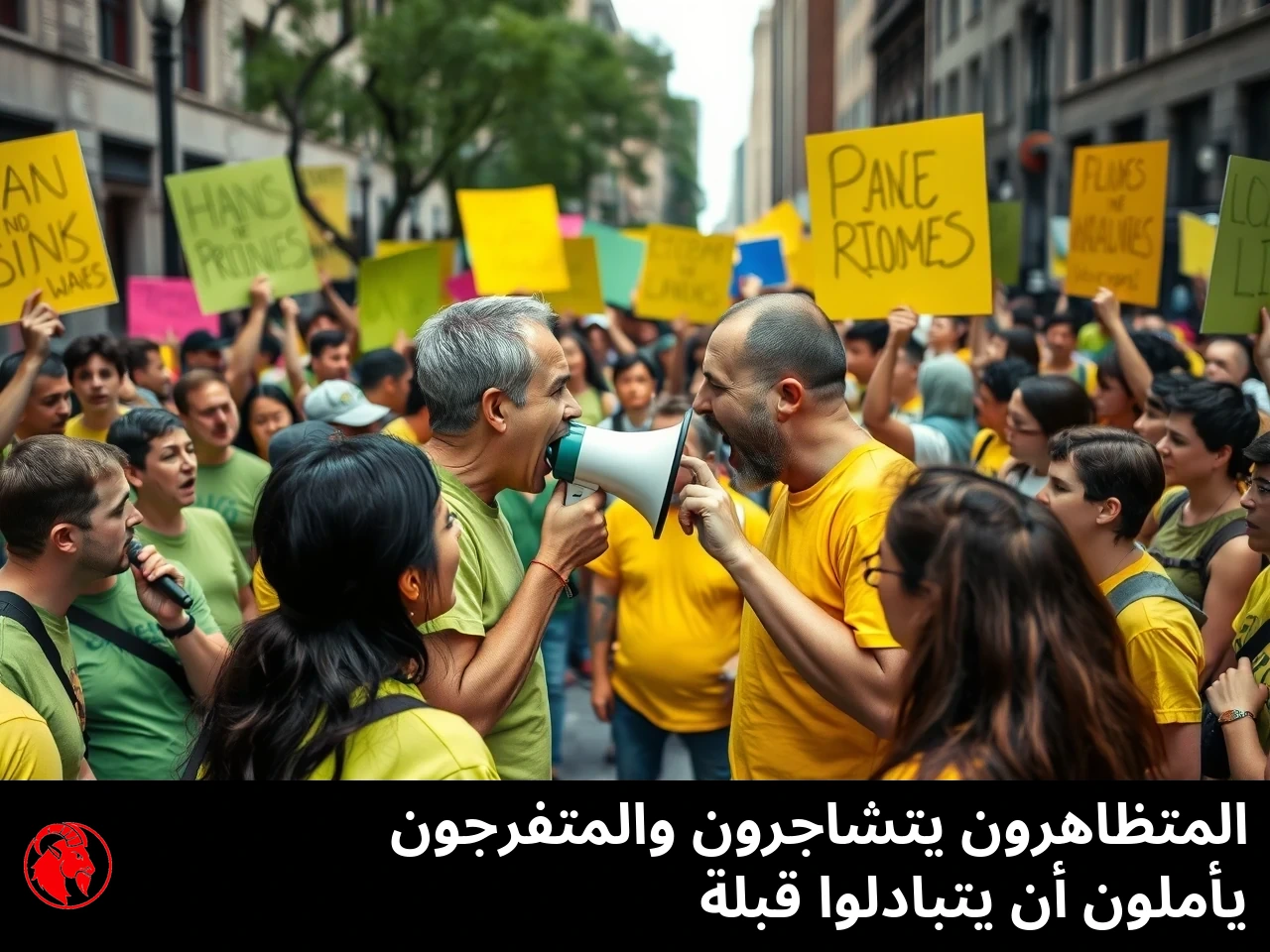 محتجّون بقمصان خضراء وآخرون بقمصان صفراء يتواجهون عبر الشارع، اثنان منهم يصرخان في وجه بعضهما في المنتصف؛ التعليق: المحتجّون يتجادلون، بينما يأمل المتفرّجون أن يتبادلوا قبلة