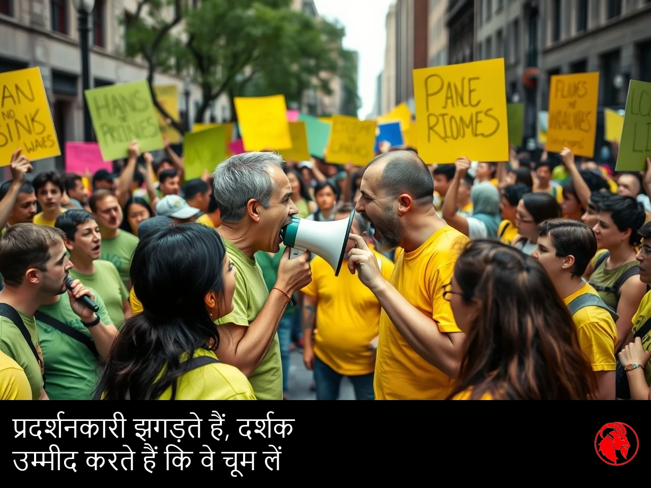 हरी और पीली टी-शर्ट पहने प्रदर्शनकारी सड़क के आर-पार आमने-सामने डटे हुए, बीचों-बीच दो लोग एक-दूसरे पर चिल्ला रहे हैं; कैप्शन: प्रदर्शनकारी झगड़ रहे हैं, जबकि देखने वाले उम्मीद कर रहे हैं कि वे एक-दूसरे को चूम लेंगे