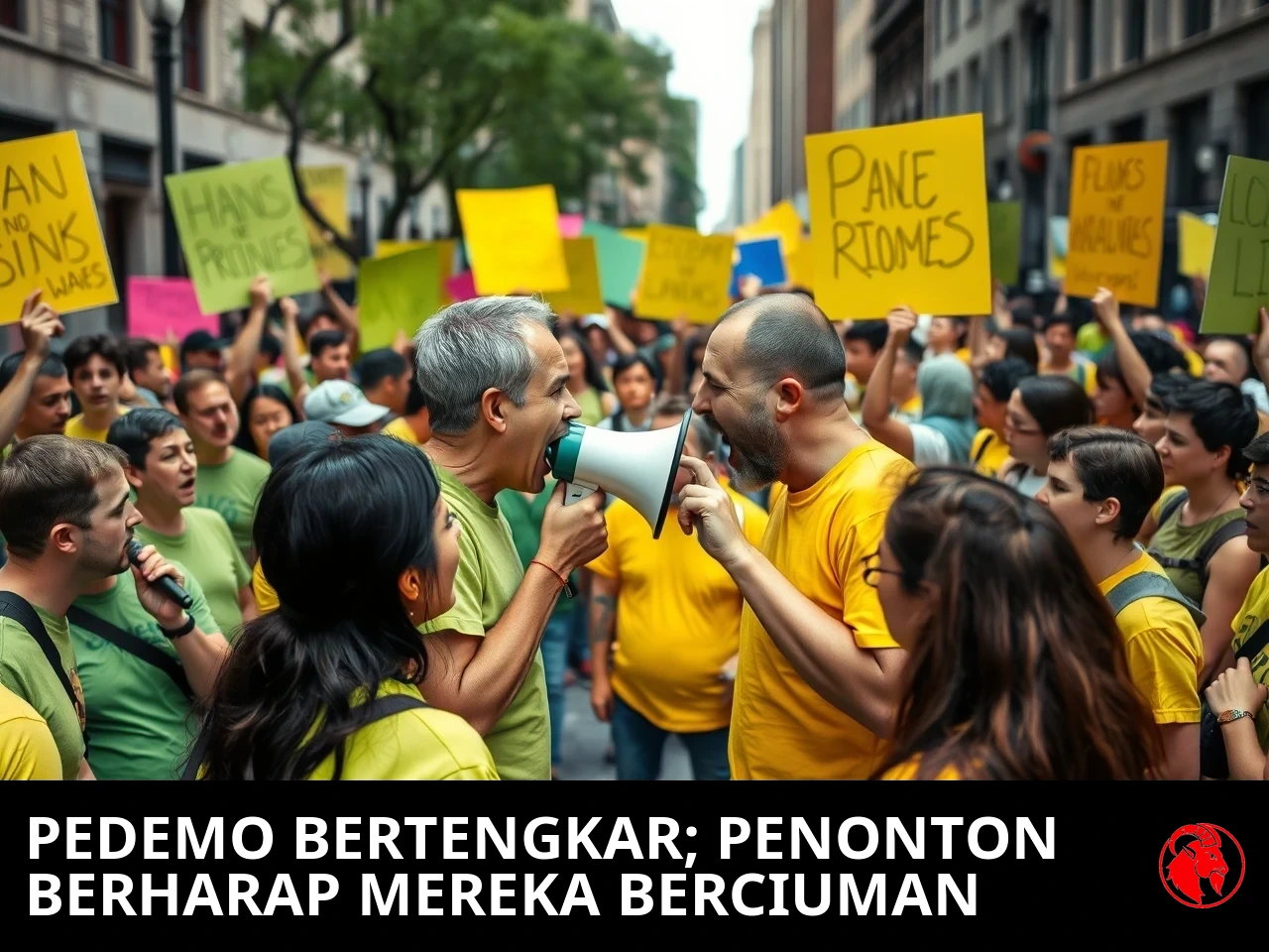 Demonstran berkaus hijau dan berkaus kuning berhadap-hadapan menyeberangi jalan, dua orang saling berteriak di tengah; takarir: para demonstran berdebat, sementara para penonton berharap mereka berciuman