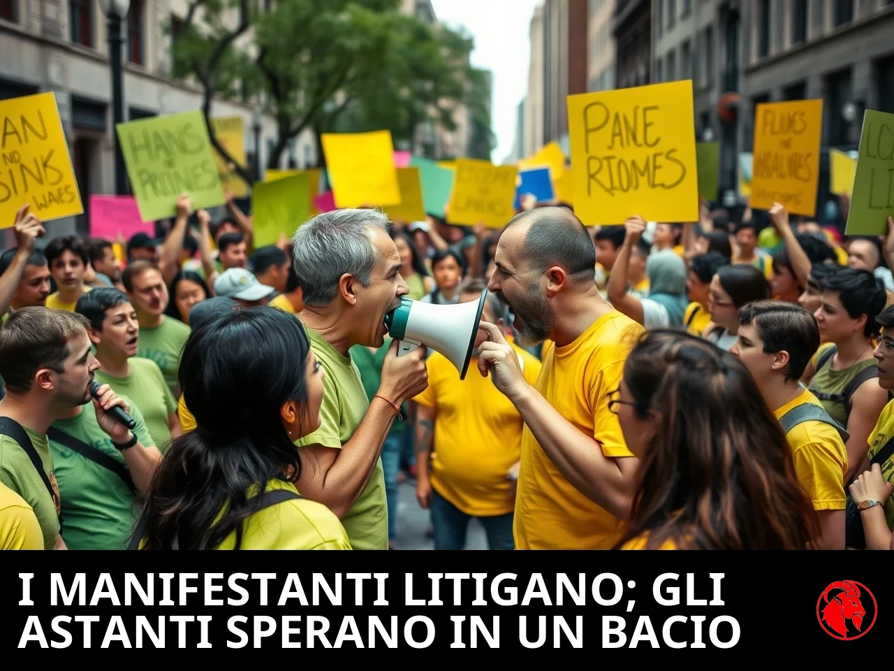 Manifestanti in maglietta verde e in maglietta gialla che si fronteggiano da un lato all'altro della strada, due si urlano contro al centro; didascalia: i manifestanti litigano, mentre gli spettatori sperano che si bacino