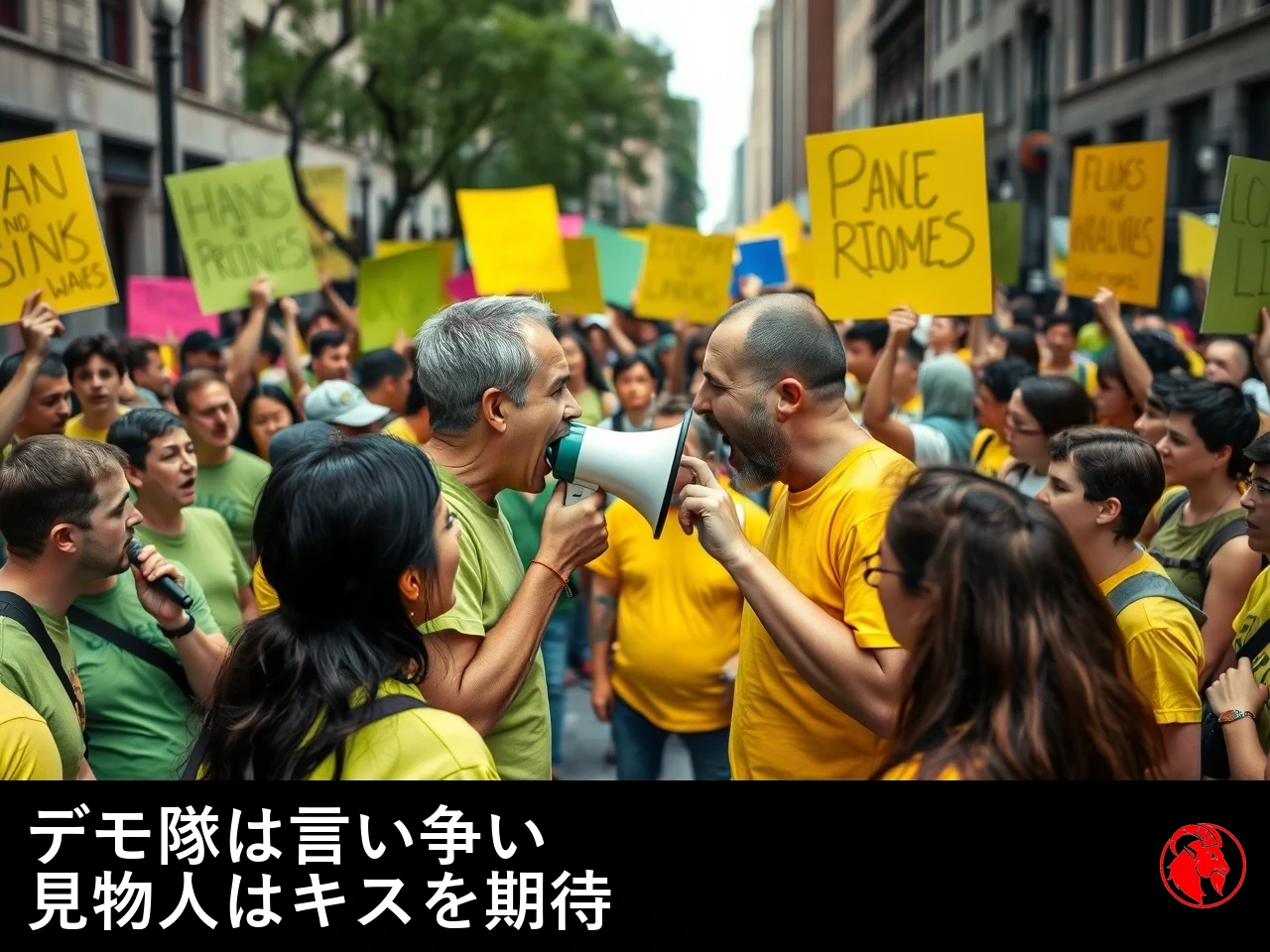 通りを挟んで向き合う緑のシャツと黄色のシャツの抗議者たち。中央では二人が互いに怒鳴り合っている。キャプション「抗議者たちが言い争う一方、見物人は二人がキスすることを願う」