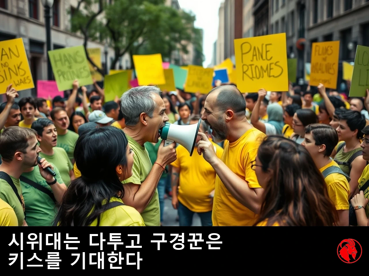 초록색 셔츠와 노란색 셔츠를 입은 시위대가 거리를 사이에 두고 맞서 있고, 가운데에서 두 사람이 서로에게 고함을 치고 있는 모습. 캡션: 시위대가 다투는 동안, 구경꾼들은 두 사람이 입맞춤하기를 바란다