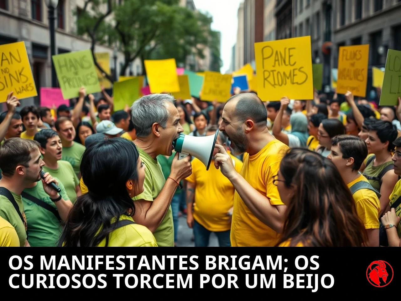 Manifestantes de camiseta verde e de camiseta amarela frente a frente do outro lado da rua, dois gritando um com o outro no centro; legenda: manifestantes discutem, enquanto os espectadores torcem para que se beijem