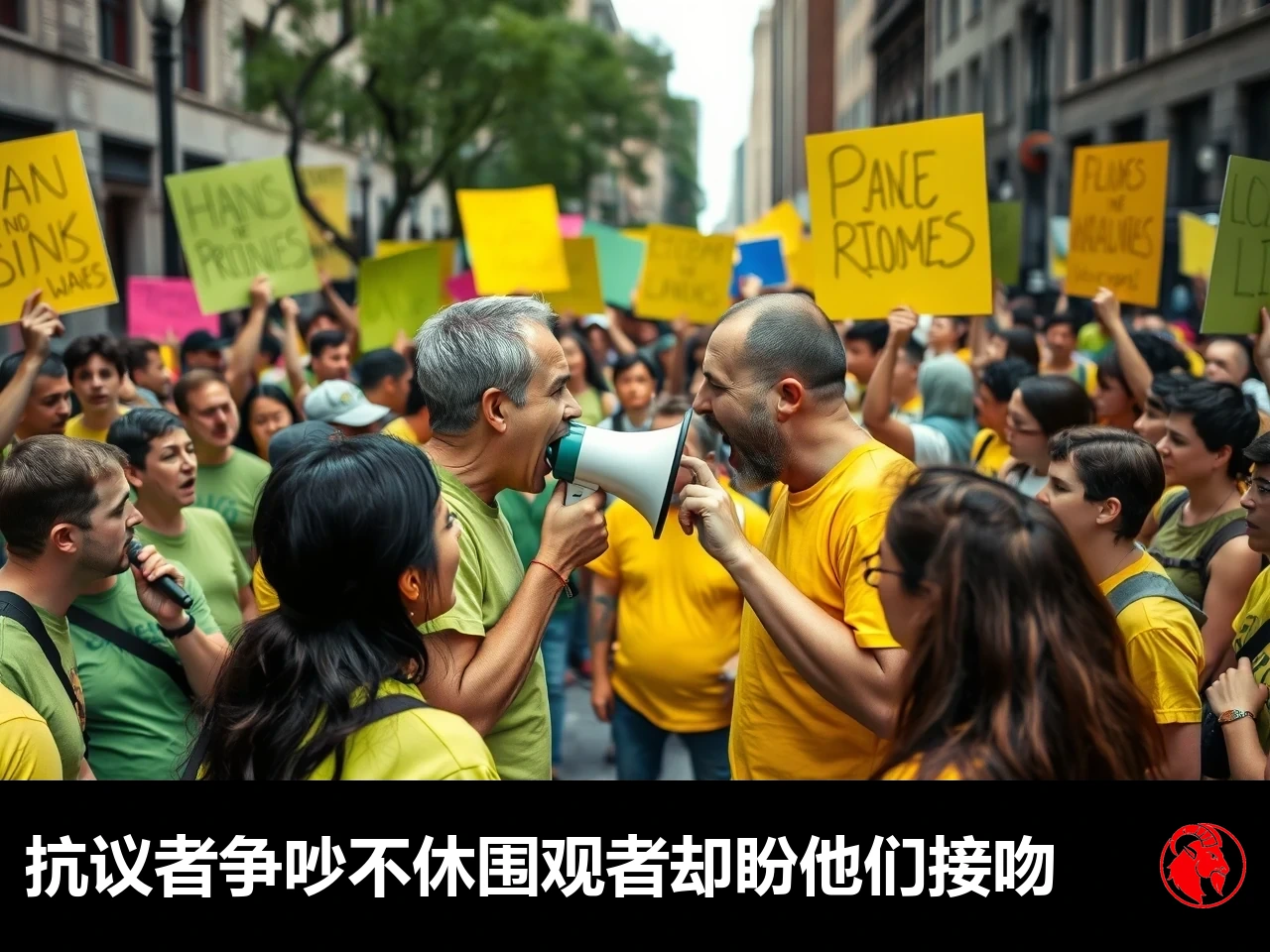 绿衫和黄衫两拨抗议者隔街对峙，正中央两人在互相吼叫；图说：抗议者争吵不休，旁观者则盼着他们能亲上一口