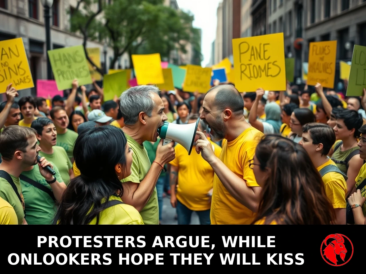 Green-shirt and yellow-shirt protesters facing off across a street, two screaming at each other in the center; caption: protesters argue, while onlookers hope they will kiss
