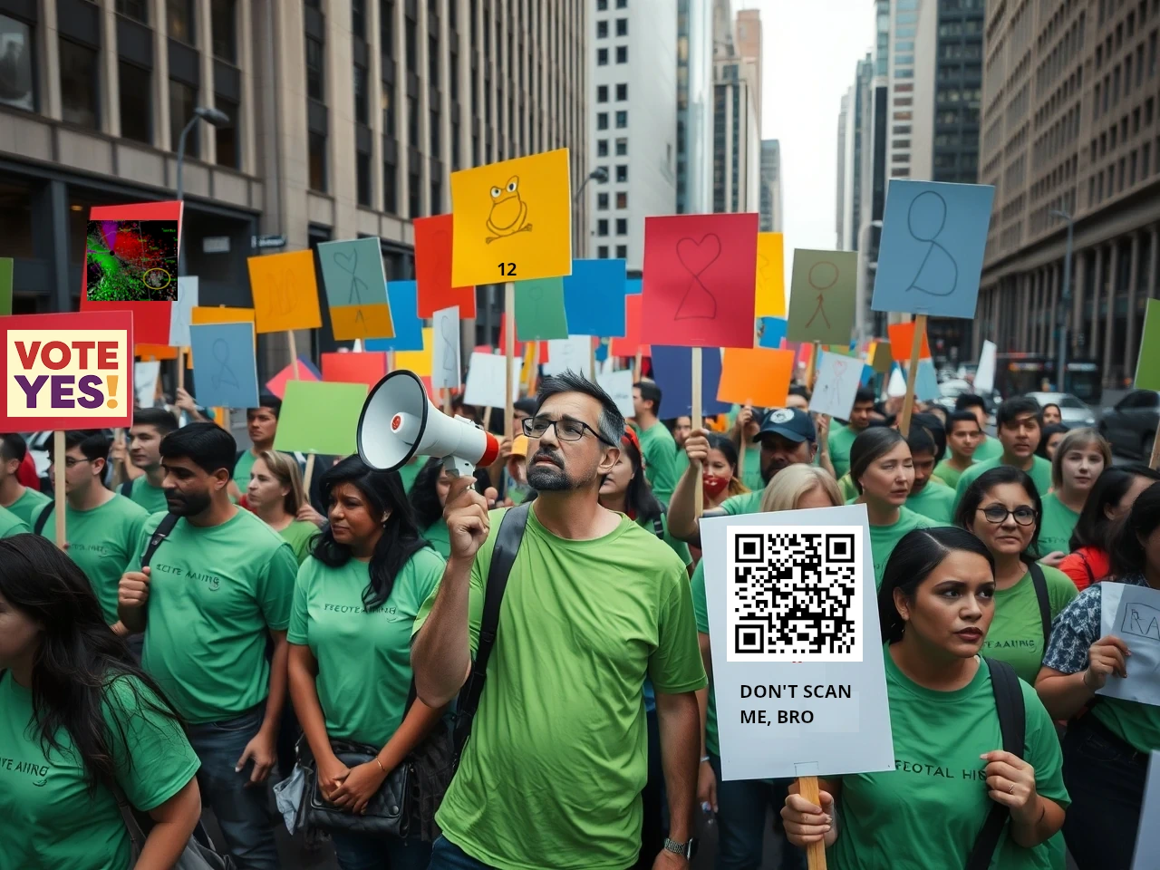 Green-shirted protesters holding colorful signs, with a bullhorn, in a downtown street
