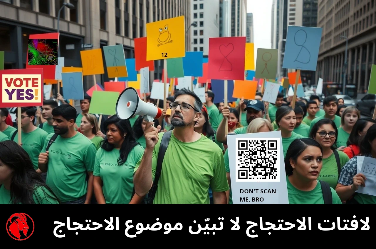 محتجّون يرتدون قمصاناً خضراء يرفعون لافتات ملوّنة، إلى جانب مكبّر صوت، في شارع وسط المدينة؛ التعليق: لافتات الاحتجاج لا تشير إلى ما يدور حوله الاحتجاج