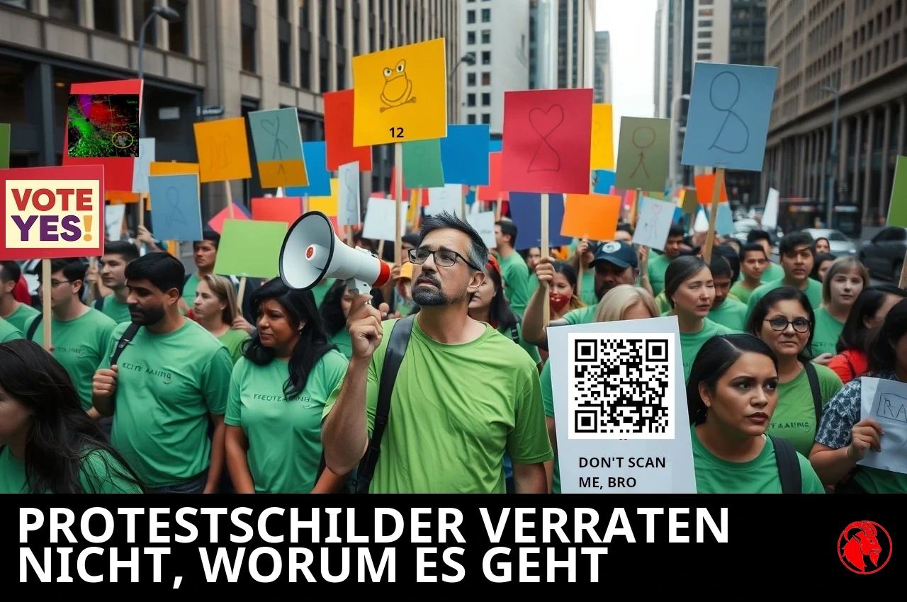 Protestierende in grünen Hemden halten bunte Schilder hoch, daneben ein Megafon, in einer Innenstadtstraße; Bildunterschrift: Protestschilder lassen nicht erkennen, worum es bei dem Protest geht