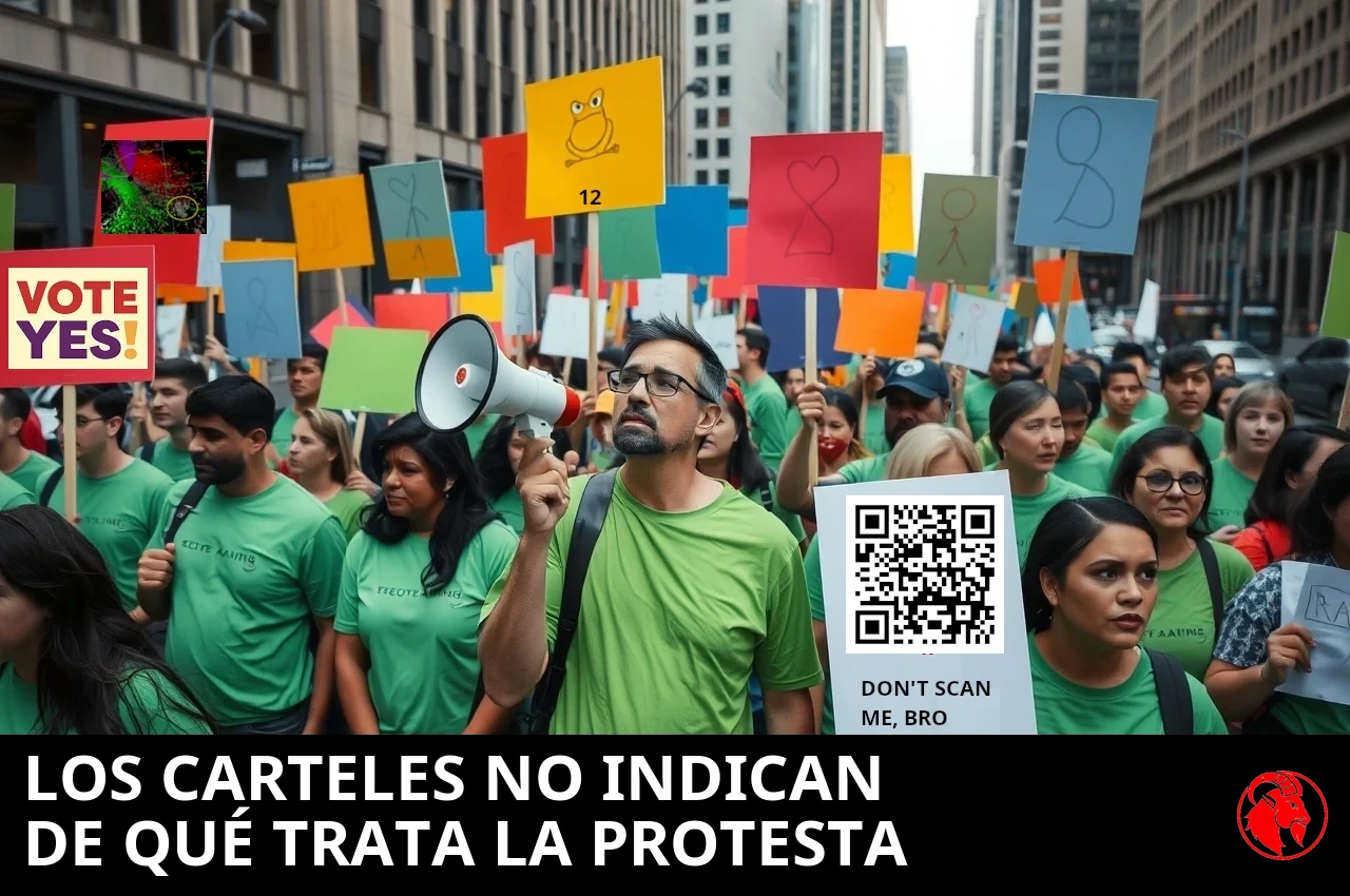 Manifestantes con camisetas verdes sostienen pancartas de colores, con un megáfono, en una calle del centro; pie de foto: las pancartas de protesta no indican de qué trata la protesta