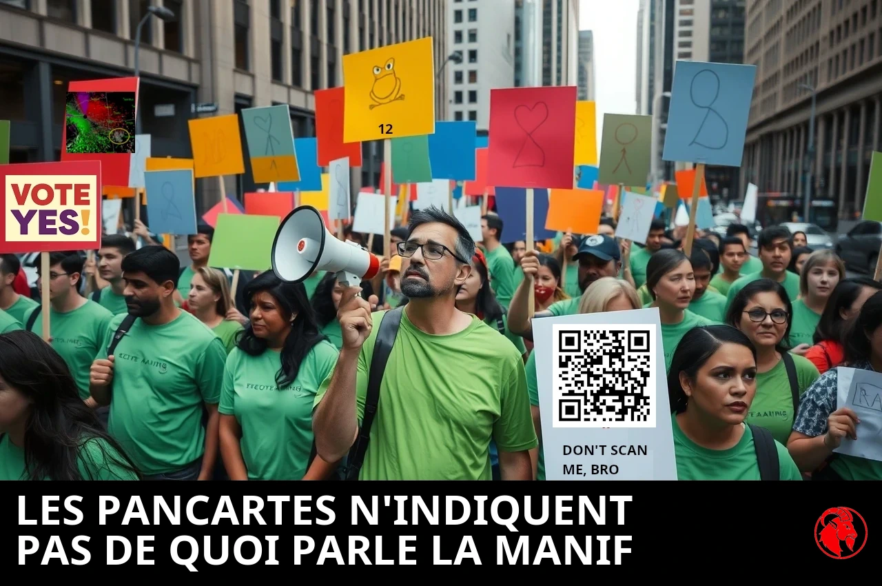 Des manifestants en tee-shirt vert brandissant des pancartes colorées, avec un porte-voix, dans une rue du centre-ville ; légende : les pancartes de manifestation ne révèlent pas l'objet de la manifestation