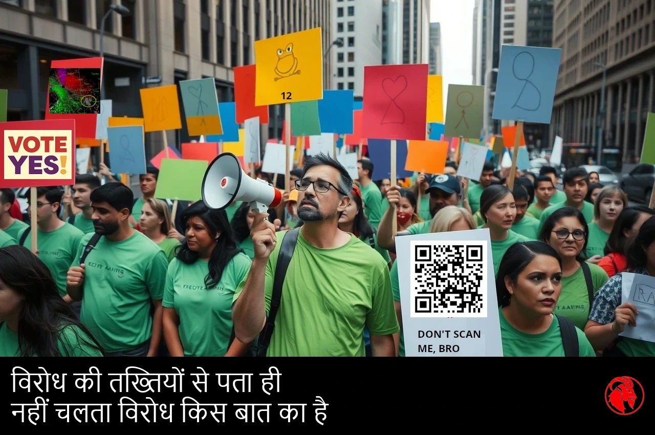 हरे रंग की टी-शर्ट पहने प्रदर्शनकारी, हाथों में रंग-बिरंगी तख़्तियाँ और एक भोंपू लिए, शहर की मुख्य सड़क पर; कैप्शन: तख़्तियाँ यह बताने में नाकाम कि प्रदर्शन आख़िर किस बारे में है