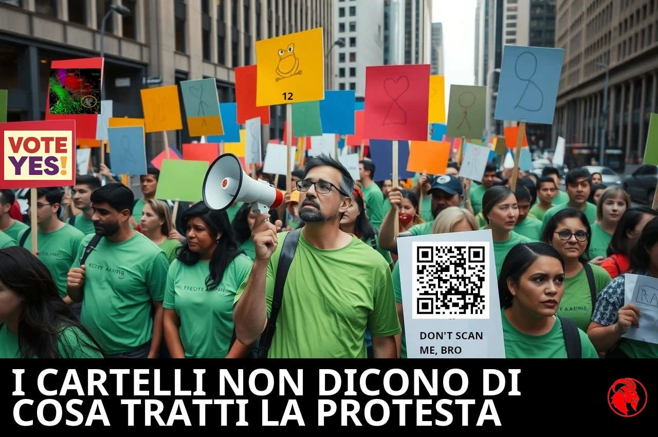 Manifestanti in maglietta verde reggono cartelli colorati, con un megafono, in una via del centro; didascalia: i cartelli di protesta non indicano di cosa tratti la protesta