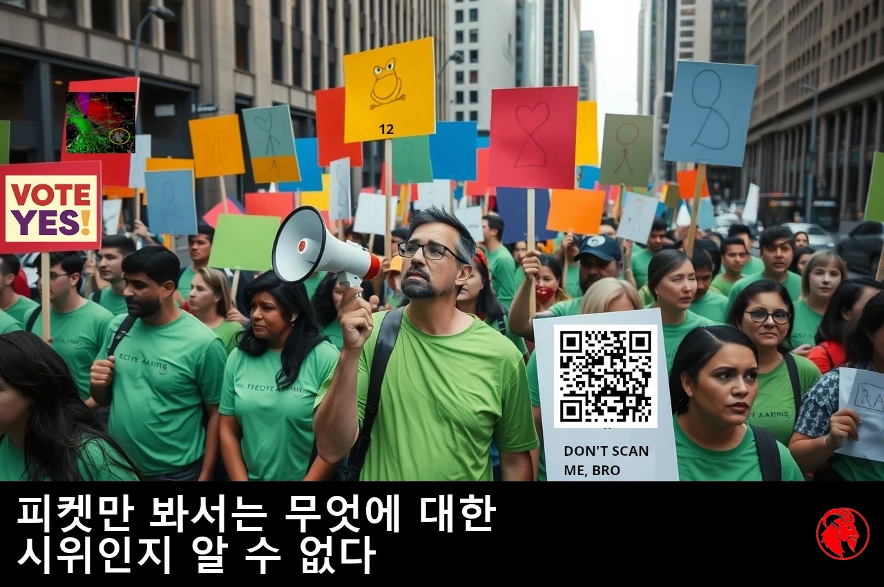 도심 거리에서 초록색 셔츠를 입은 시위대가 확성기와 함께 알록달록한 팻말을 들고 있는 모습. 캡션: 시위 팻말이 시위의 주제가 무엇인지 알려 주지 못하고 있다