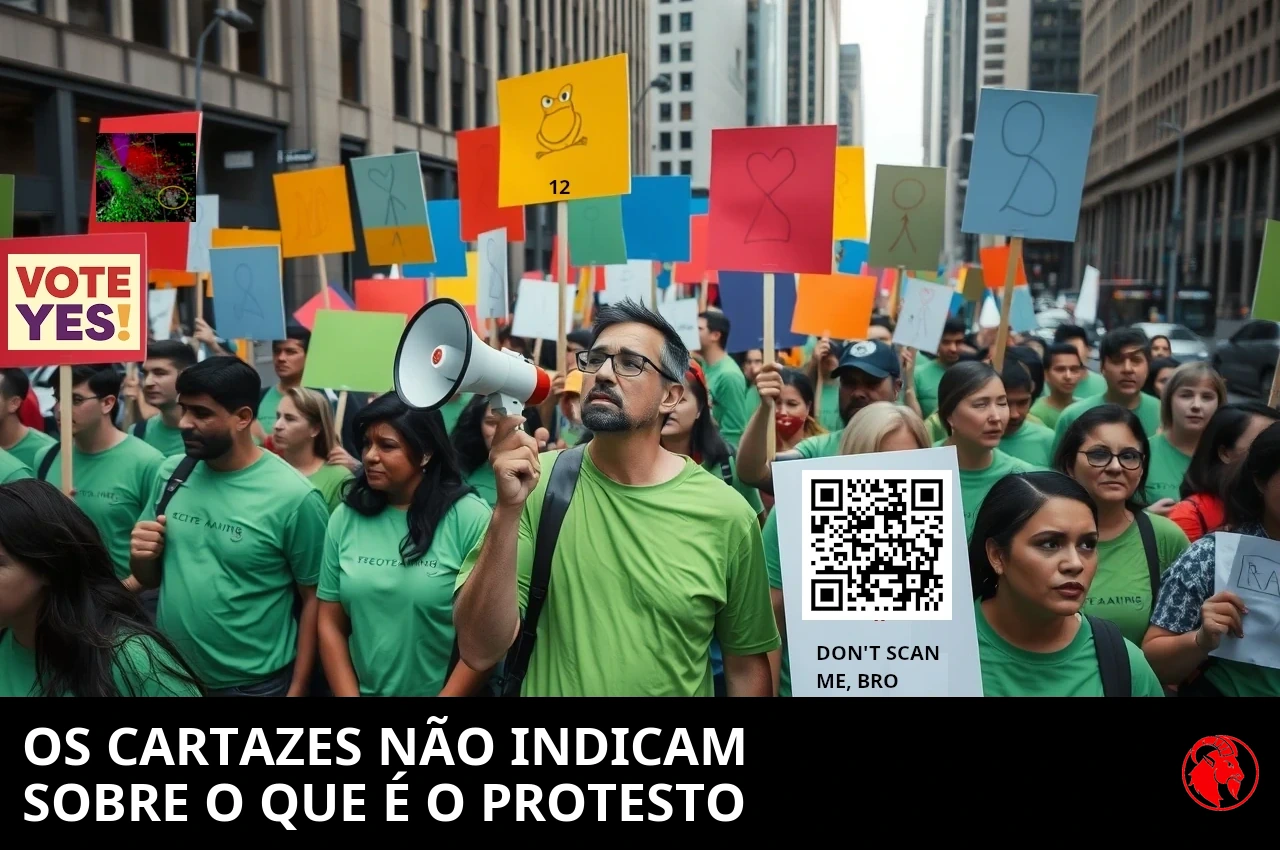 Manifestantes de camiseta verde segurando cartazes coloridos, com um megafone, numa rua do centro; legenda: os cartazes de protesto não indicam de que trata o protesto