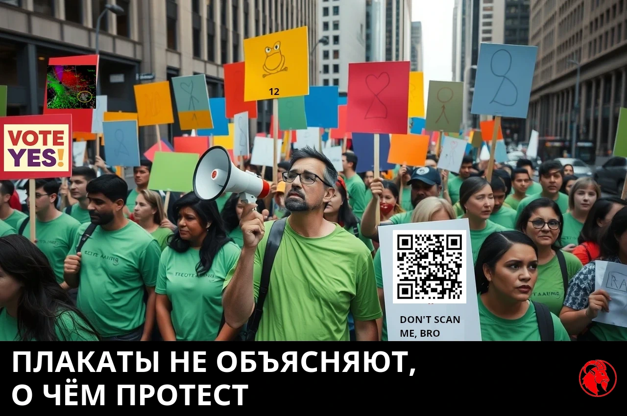 Протестующие в зелёных футболках держат разноцветные плакаты, рядом мегафон, на улице в центре города; подпись: плакаты на протесте не указывают, ради чего этот протест