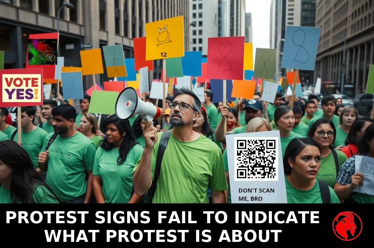 Green-shirted protesters holding colorful signs, with a bullhorn, in a downtown street; caption: protest signs fail to indicate what protest is about