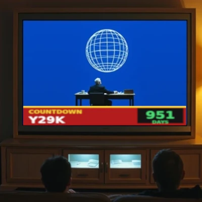 A 1990s den with a big-screen TV showing a news countdown chyron reading COUNTDOWN Y29K