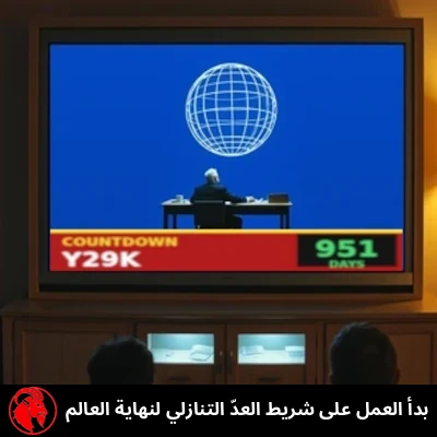 غرفة جلوس من تسعينيات القرن الماضي فيها تلفاز ضخم بالإسقاط الخلفي يعرض نشرة أخبار وشريطاً أحمر بأسلوب CNN مكتوب عليه «العدّ التنازلي Y29K — 951 يوماً».