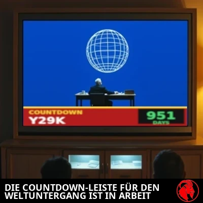 Ein Wohnzimmer aus den 1990ern mit einem riesigen Rückprojektionsfernseher, der eine Nachrichtensendung zeigt, samt rotem CNN-artigem Laufband mit der Aufschrift COUNTDOWN Y29K &ndash; 951 TAGE.