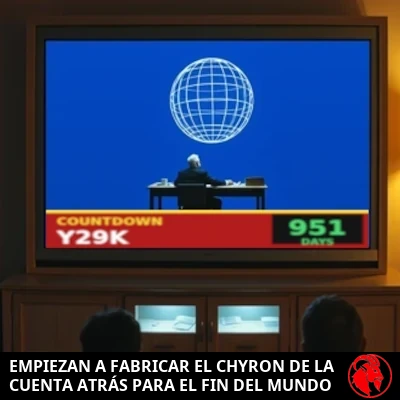 Una sala de estar de los años noventa con un enorme televisor de retroproyección que muestra un boletín de noticias y un rótulo rojo al estilo CNN que reza CUENTA ATRÁS Y29K — 951 DÍAS.