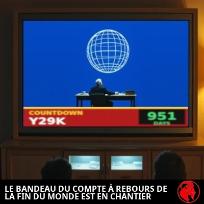 Un salon télé des années 1990 avec un énorme téléviseur à rétroprojection diffusant un journal et un bandeau rouge à la CNN qui affiche COMPTE À REBOURS Y29K — 951 JOURS.