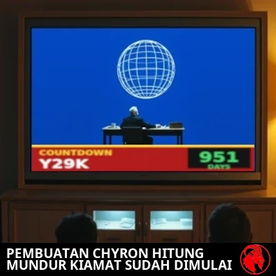 Sebuah ruang keluarga era 1990-an dengan televisi proyeksi-belakang berukuran raksasa yang menayangkan siaran berita dan chyron merah bergaya CNN bertuliskan COUNTDOWN Y29K &mdash; 951 DAYS.
