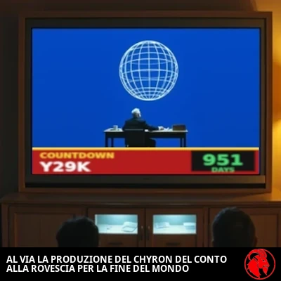Una sala TV anni Novanta con un enorme televisore a retroproiezione che mostra un notiziario e una sottopancia rossa in stile CNN con la scritta COUNTDOWN Y29K &mdash; 951 GIORNI.