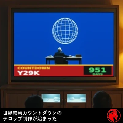 1990年代の家庭のリビングルーム。巨大なリアプロジェクションテレビにニュース番組が映り、CNN風の赤いテロップに「カウントダウン Y29K ─ あと951日」と表示されている