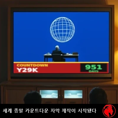 1990년대 가정의 거실, 거대한 후면 투사식 텔레비전에서 뉴스 방송이 나오고 있고 CNN 풍의 빨간 자막 띠에 「카운트다운 Y29K — 951일」이라고 적혀 있는 모습.