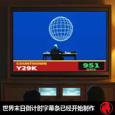 一间1990年代的家庭客厅，一台巨大的背投电视正播放着新闻，屏幕底部是一条CNN风格的红色滚动字幕，写着「倒计时 Y29K——还剩951天」