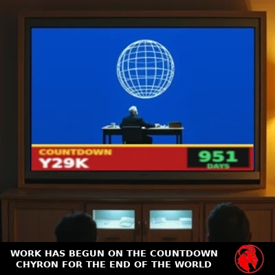 A 1990s family den with an enormous rear-projection television showing a news broadcast and a CNN-style red chyron reading COUNTDOWN Y29K — 951 DAYS.