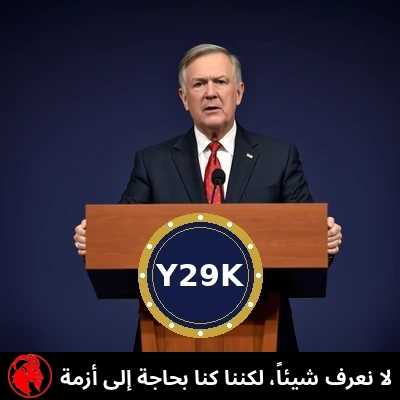 منسّق فيدرالي يقف خلف منصّة صحفية خشبية تحمل الختم الرسمي لـ Y29K، مخاطباً الصحفيين.