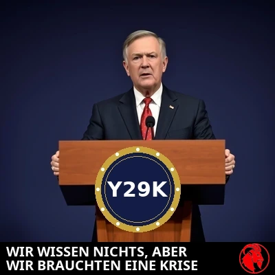Ein Bundeskoordinator an einem hölzernen Rednerpult mit dem offiziellen Y29K-Siegel spricht zu Reportern.