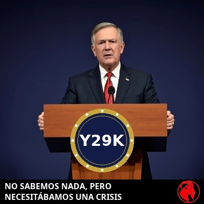 Un coordinador federal en un atril de madera de prensa con el sello oficial de Y29K, dirigiéndose a la prensa.