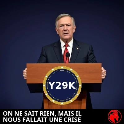 Un coordinateur fédéral à un pupitre de presse en bois portant le sceau officiel Y29K, s'adressant aux journalistes.