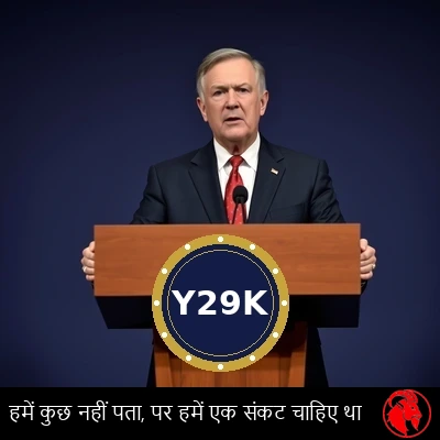 एक लकड़ी के प्रेस मंच पर खड़ा एक संघीय समन्वयक, जिस पर आधिकारिक Y29K मुहर बनी है, पत्रकारों को संबोधित कर रहा है।