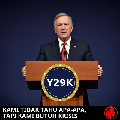 Seorang koordinator federal di podium pers kayu yang bertanda segel resmi Y29K, sedang berbicara kepada wartawan.