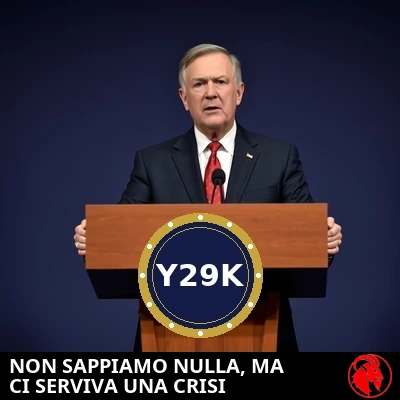 Un coordinatore federale a un leggio di legno per la stampa con il sigillo ufficiale Y29K, mentre si rivolge ai giornalisti.
