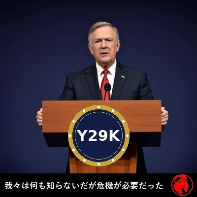 公式のY29Kの紋章が掲げられた木製の記者会見用演台に立ち、記者団に語りかける連邦コーディネーター