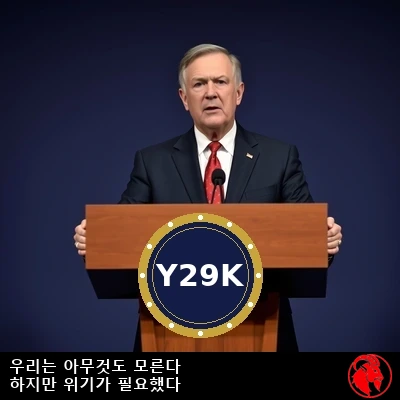 공식 Y29K 휘장이 새겨진 나무 연단 앞에서 기자들에게 발언하는 연방 조정관.