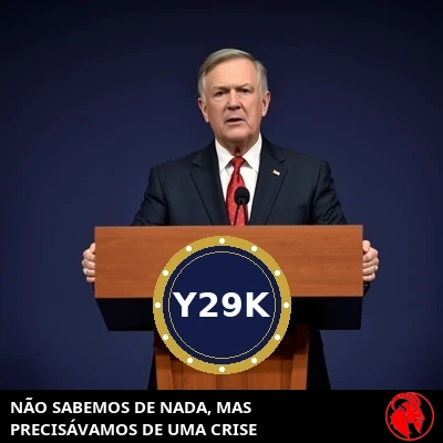 Um coordenador federal num púlpito de madeira para a imprensa, ostentando o selo oficial do Y29K, dirigindo-se aos repórteres.