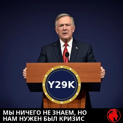 Федеральный координатор за деревянной трибуной для прессы с официальной печатью Y29K обращается к журналистам.
