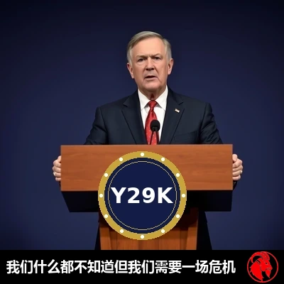 一名联邦协调员站在一座木质新闻发布台前，台上印有官方的Y29K徽章，正在向记者发表讲话