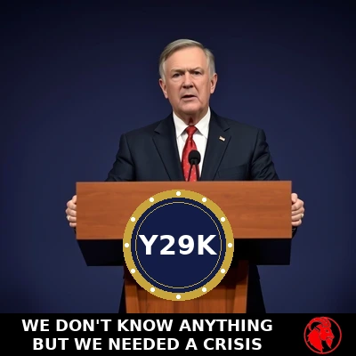 A federal coordinator at a wooden press podium bearing the official Y29K seal, addressing reporters.