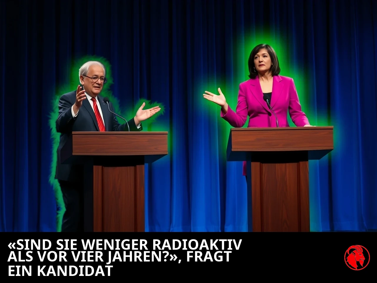 Zwei politische Kandidaten an Rednerpulten einer Debatte, beide leuchten radioaktiv grün; Bildunterschrift: „Sind Sie heute weniger radioaktiv als vor vier Jahren?‘ fragt eine politische Kandidatin