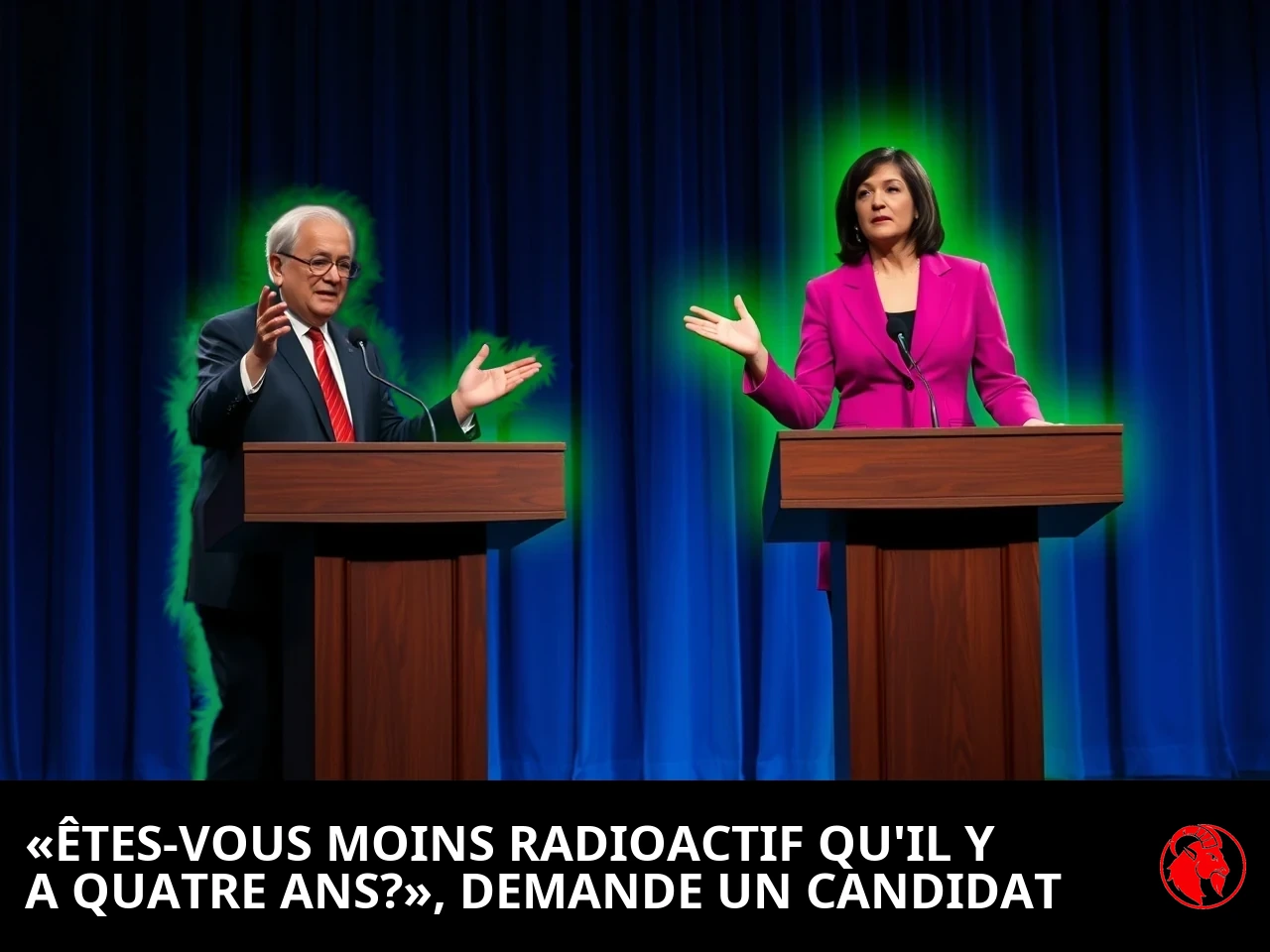 Deux candidats politiques aux pupitres d'un débat, tous deux luisant d'un vert radioactif ; légende : Êtes-vous moins radioactif aujourd'hui qu'il y a quatre ans ? demande un candidat politique