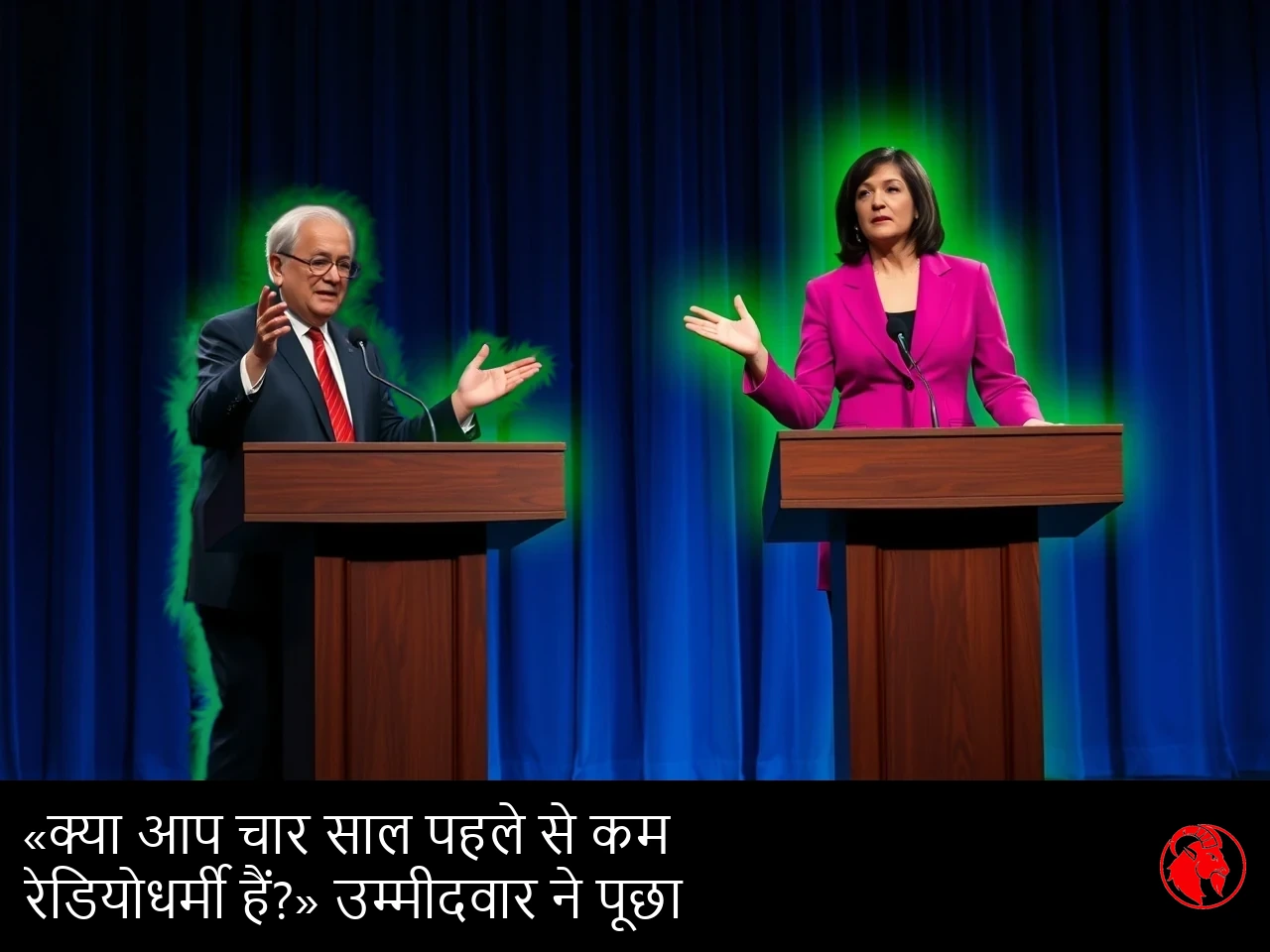 बहस के मंचों पर खड़े दो राजनीतिक उम्मीदवार, दोनों रेडियोधर्मी हरे रंग में दमक रहे हैं; कैप्शन: क्या आप चार साल पहले की तुलना में अब कम रेडियोधर्मी हैं? एक राजनीतिक उम्मीदवार पूछता है