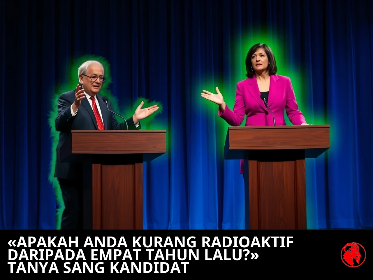 Dua kandidat politik di podium debat, keduanya berpendar hijau radioaktif; keterangan: Apakah Anda kurang radioaktif sekarang dibanding empat tahun lalu? tanya seorang kandidat politik