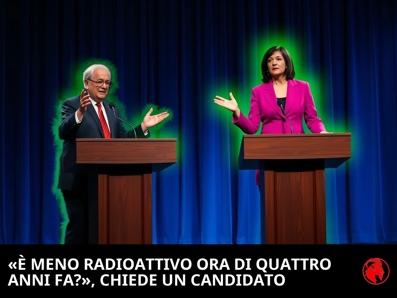 Due candidati politici ai podi di un dibattito, entrambi che brillano di verde radioattivo; didascalia: sei meno radioattivo adesso di quanto lo fossi quattro anni fa?, chiede un candidato politico